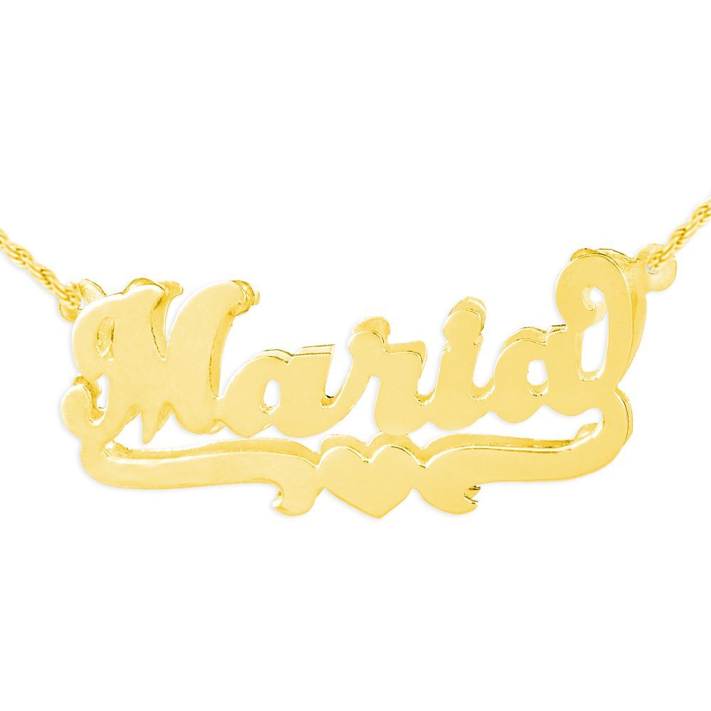 double layered 14K gold-plated silver nameplate necklace with a heart