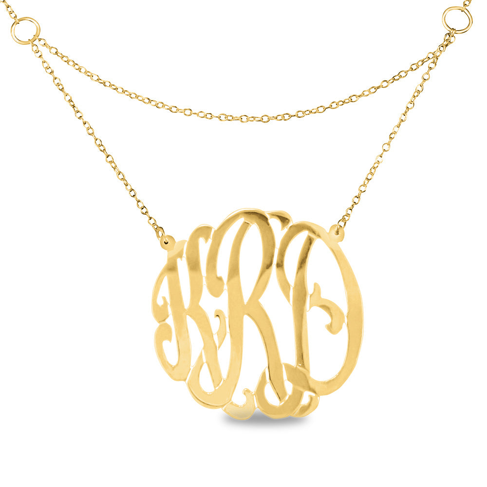 14K gold-plated silver round monogram necklace with double chain