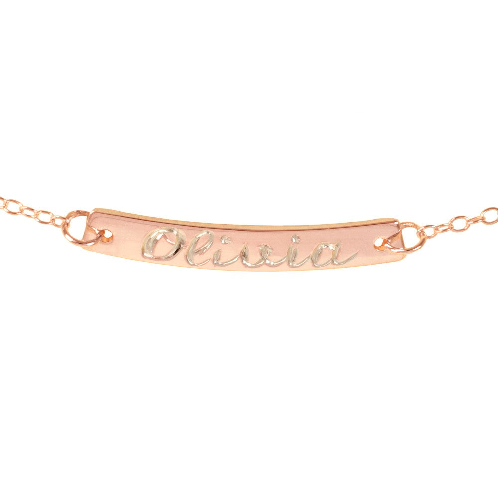 14K rose gold plated sterling silver bar name necklace