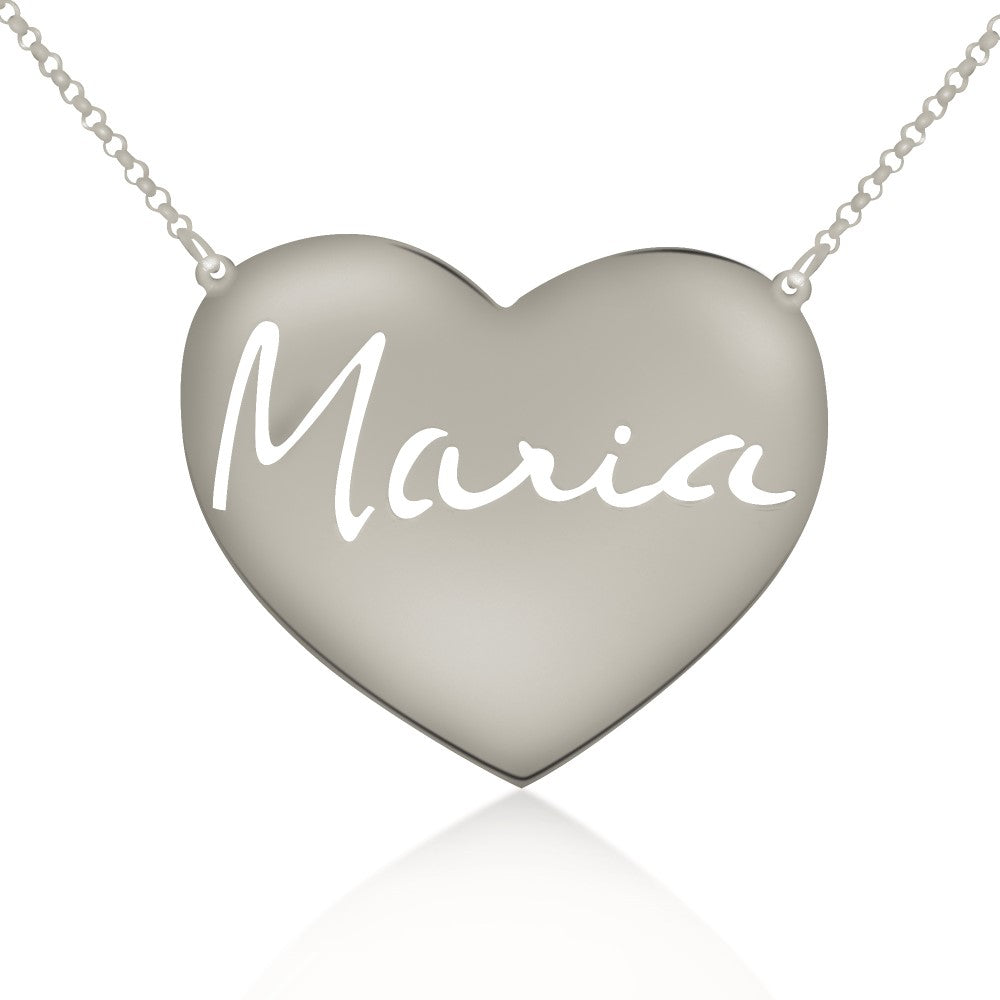 silver signature engraved heart nameplate necklace