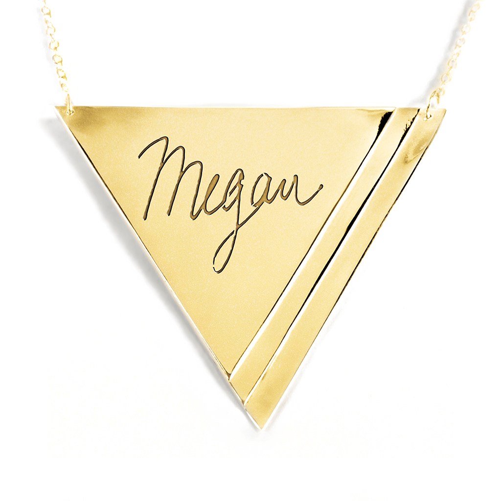 14K gold plated sterling silver inverse pyramid name necklace