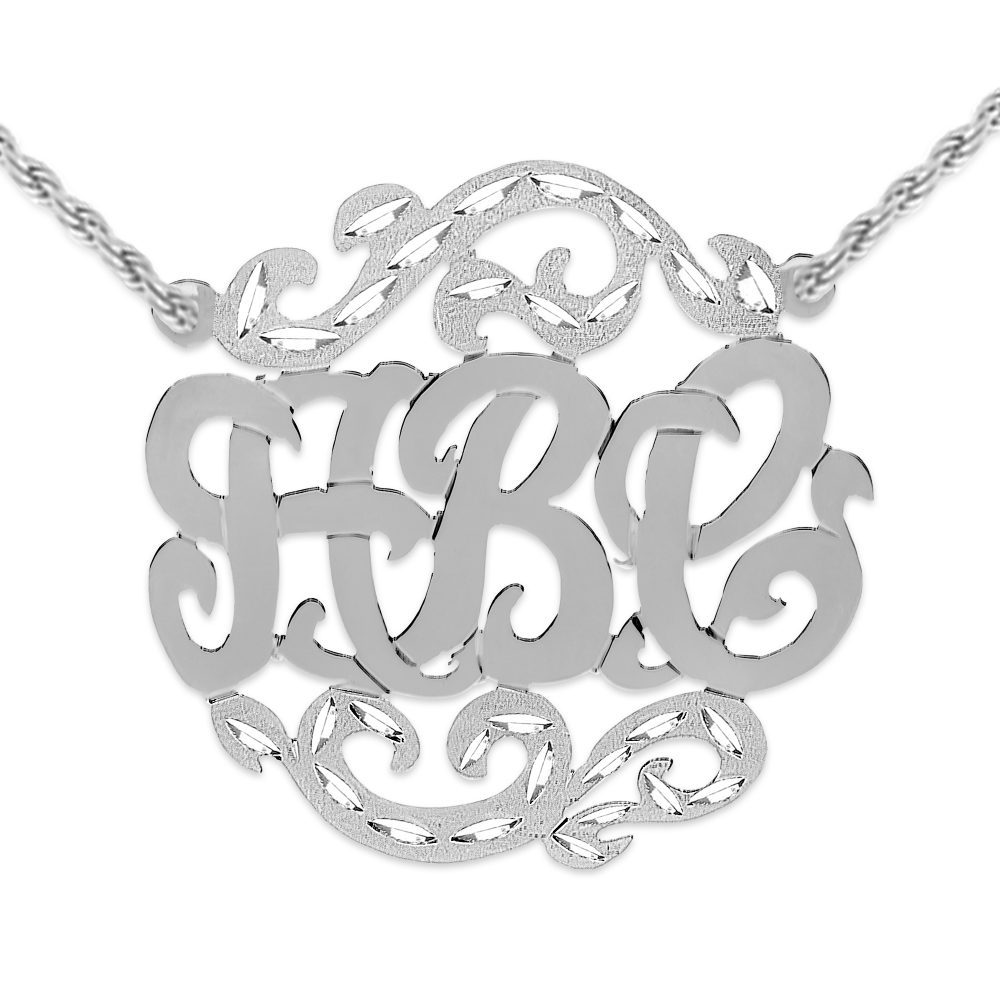14K gold-plated silver initials monogram necklace in between studded curved bars