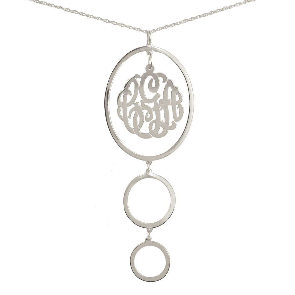 sterling silver circular drop pendant necklace with monogram inside top oval pendant