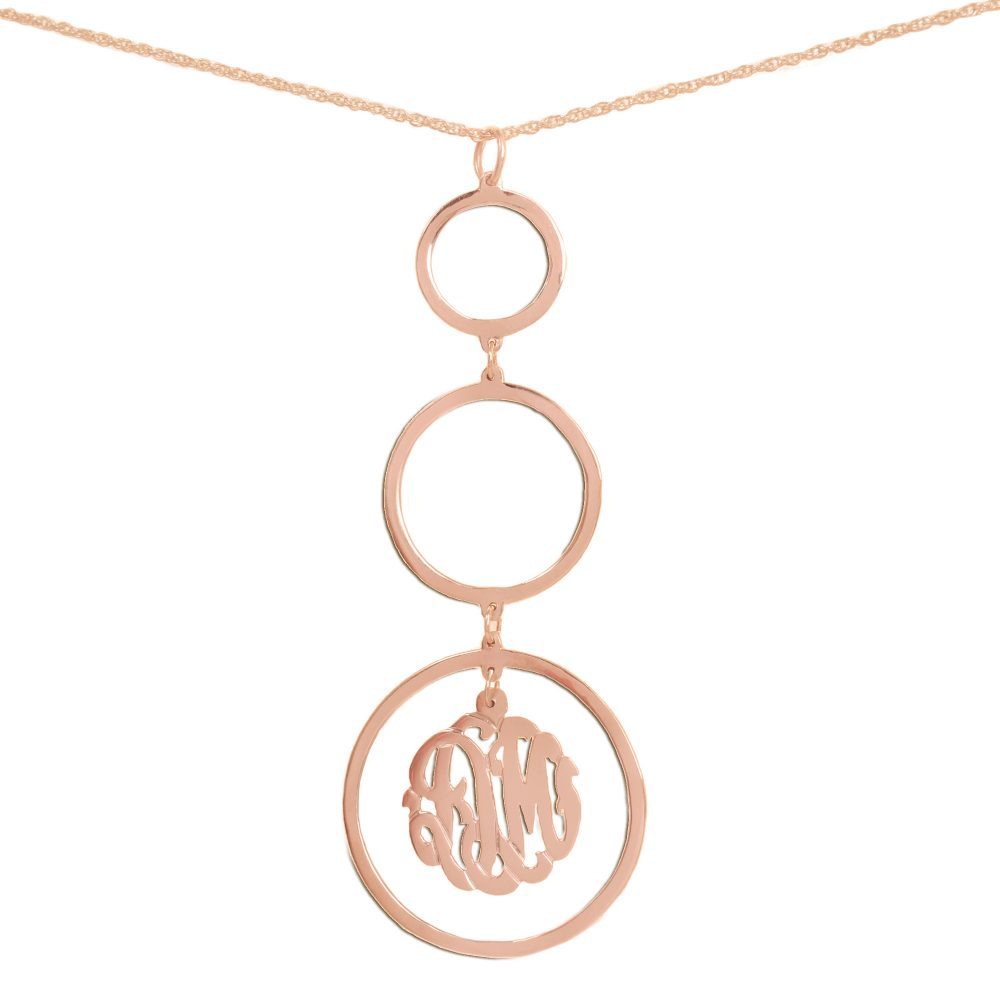 14K rose gold-plated silver necklace with three hanging circle pendants with a monogram inside bottom pendant