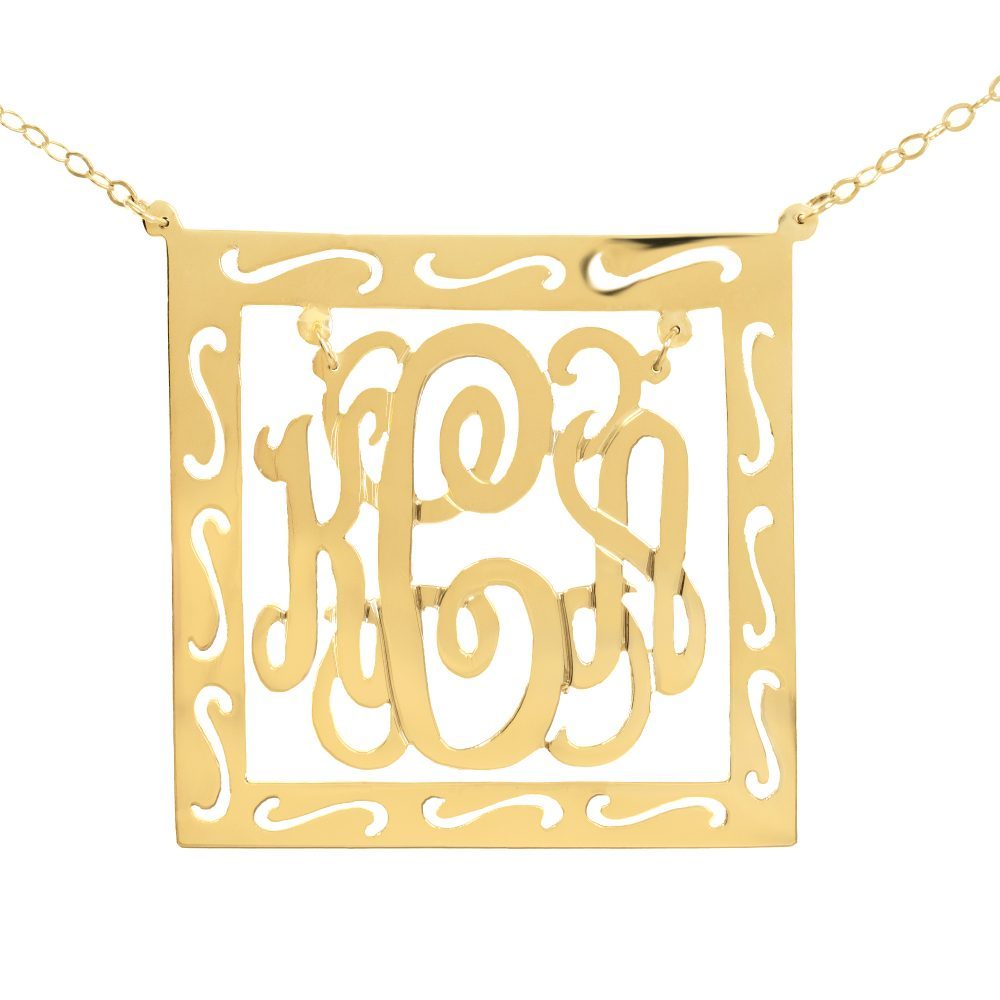 14K gold-plated silver round monogram necklace inside patterned square frame