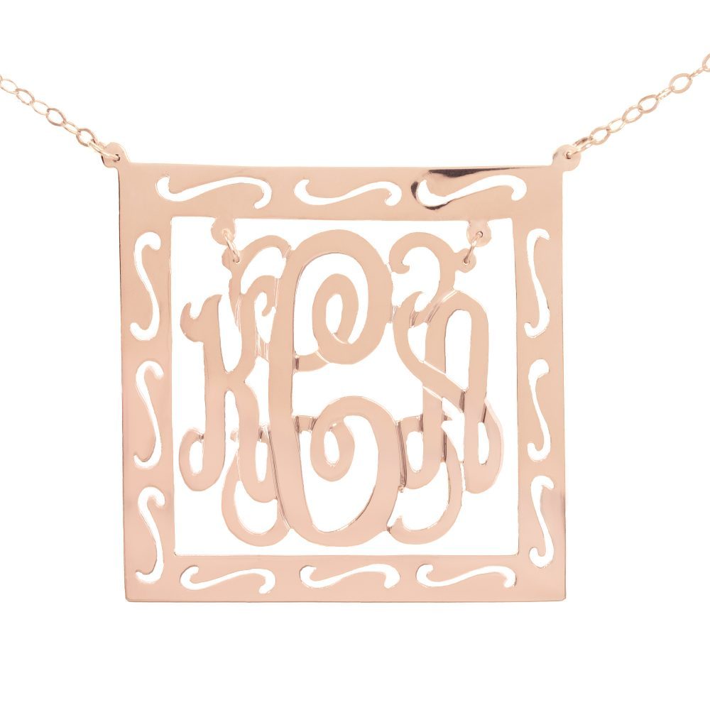 14K rose gold-plated silver round monogram necklace inside patterned square frame monogram pendant necklace