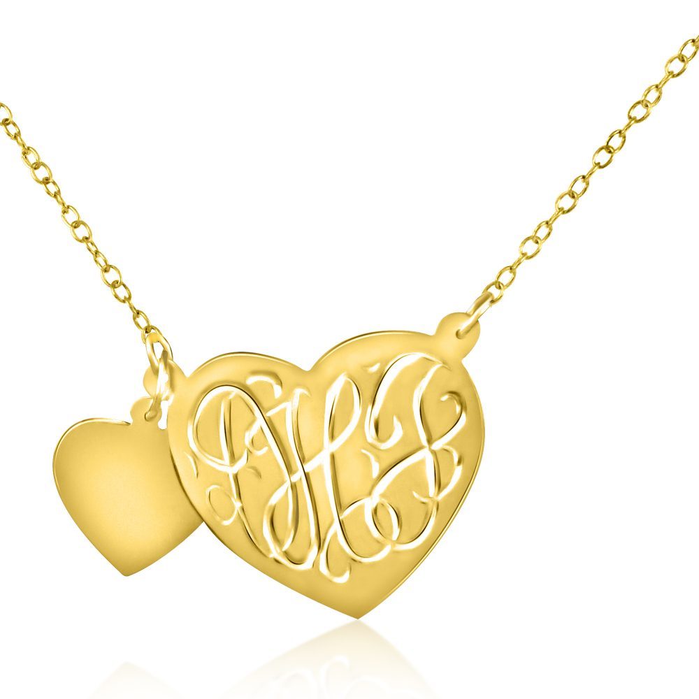 14K gold-plated silver monogram engraved heart necklace with attached heart charm
