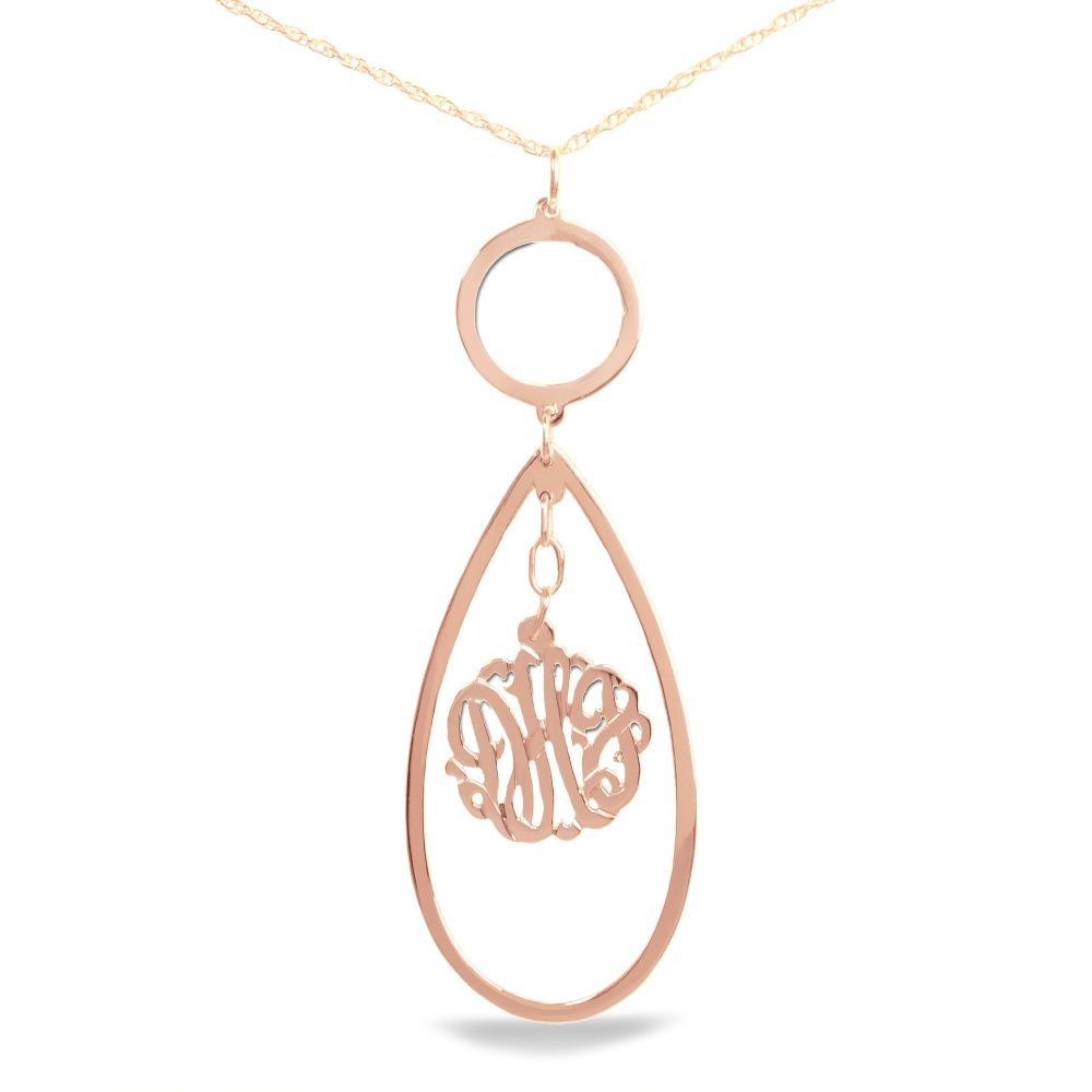 14K rose gold-plated silver necklace with hanging monogram inside a teardrop pendant below a circular pendant