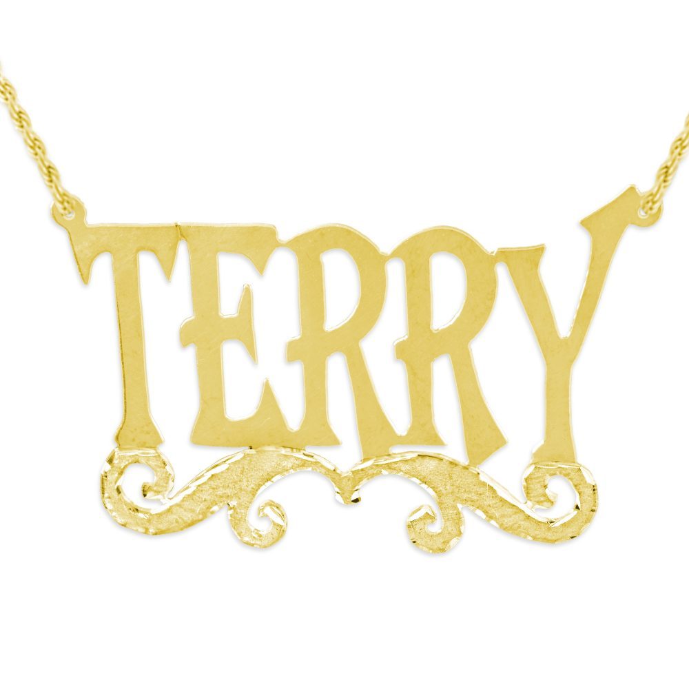 14K gold plated sterling silver-plated silver tall letter nameplate necklace with swirled bar underneath