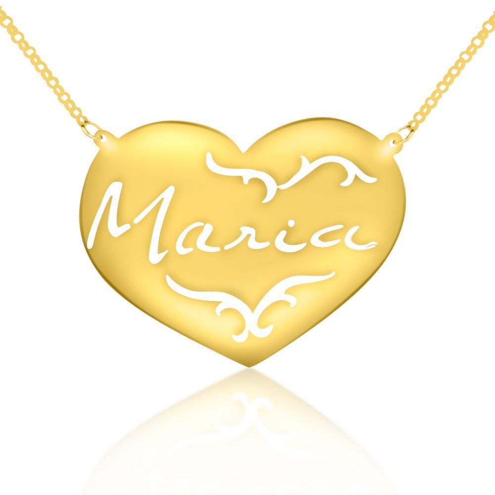 14K gold-plated silver signature engraved patterned heart nameplate necklace