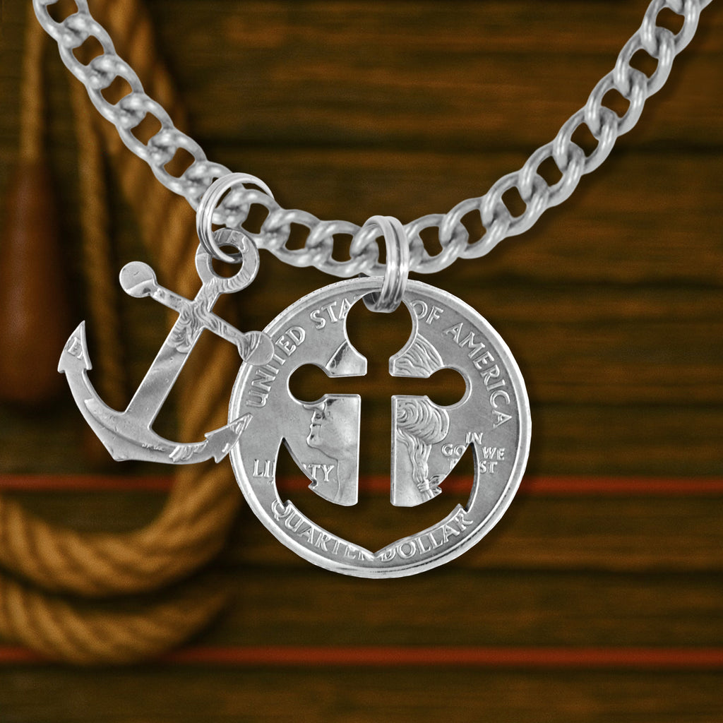 Coin Crafted  US Quarter Coin Cut-Out Anchor Pendant Mens Jewelry Stainless Chain