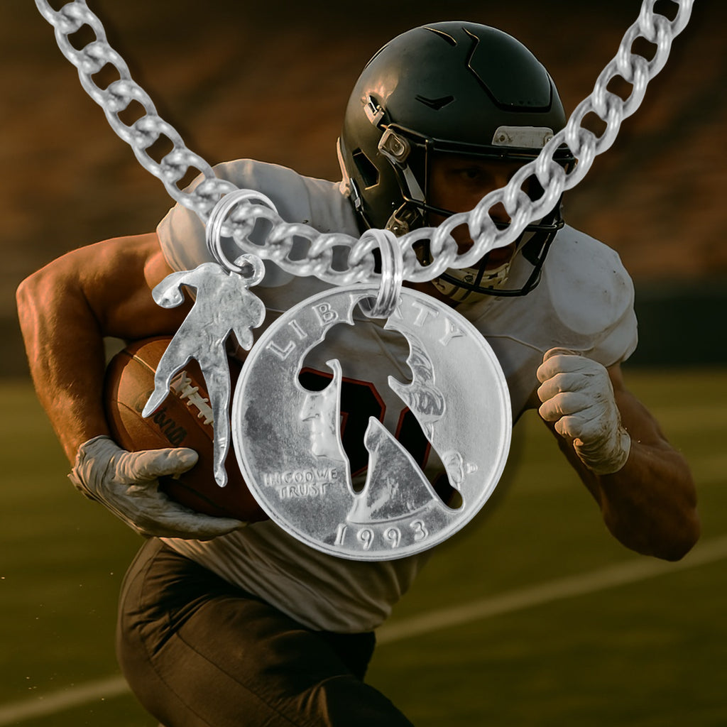 Coin Crafted  US Quarter Coin Cut-Out Football Pendant Mens Jewelry Stainless Chain
