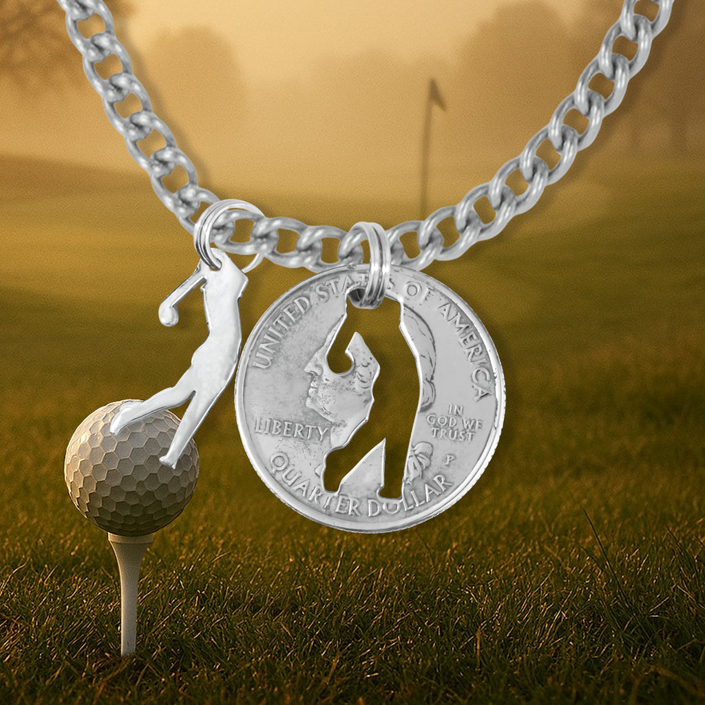 Coin Crafted  US Quarter Coin Cut-Out Golf Pendant Mens Jewelry Stainless Chain