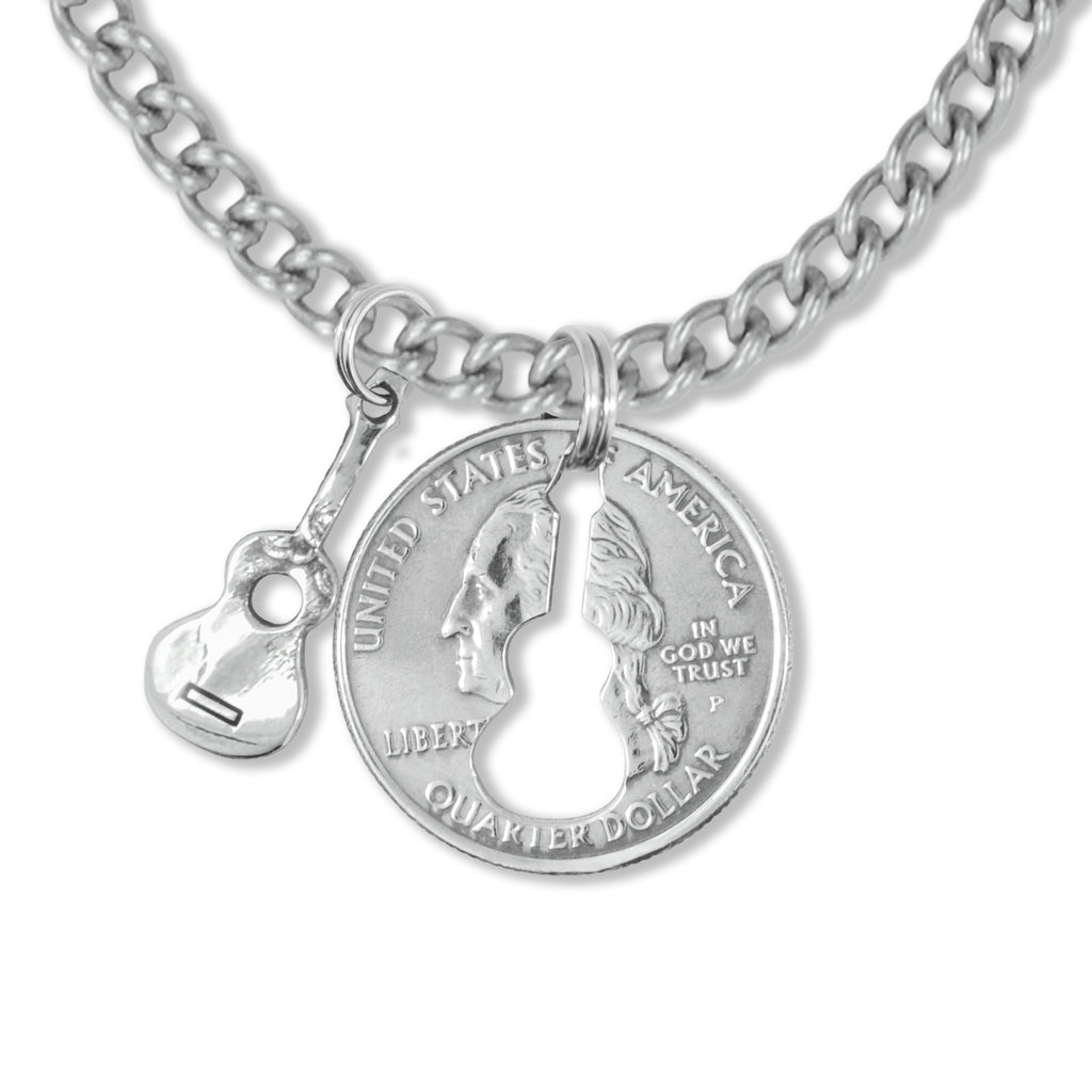Coin Crafted  US Quarter Coin Cut-Out Guitar Pendant Mens Jewelry Stainless Chain