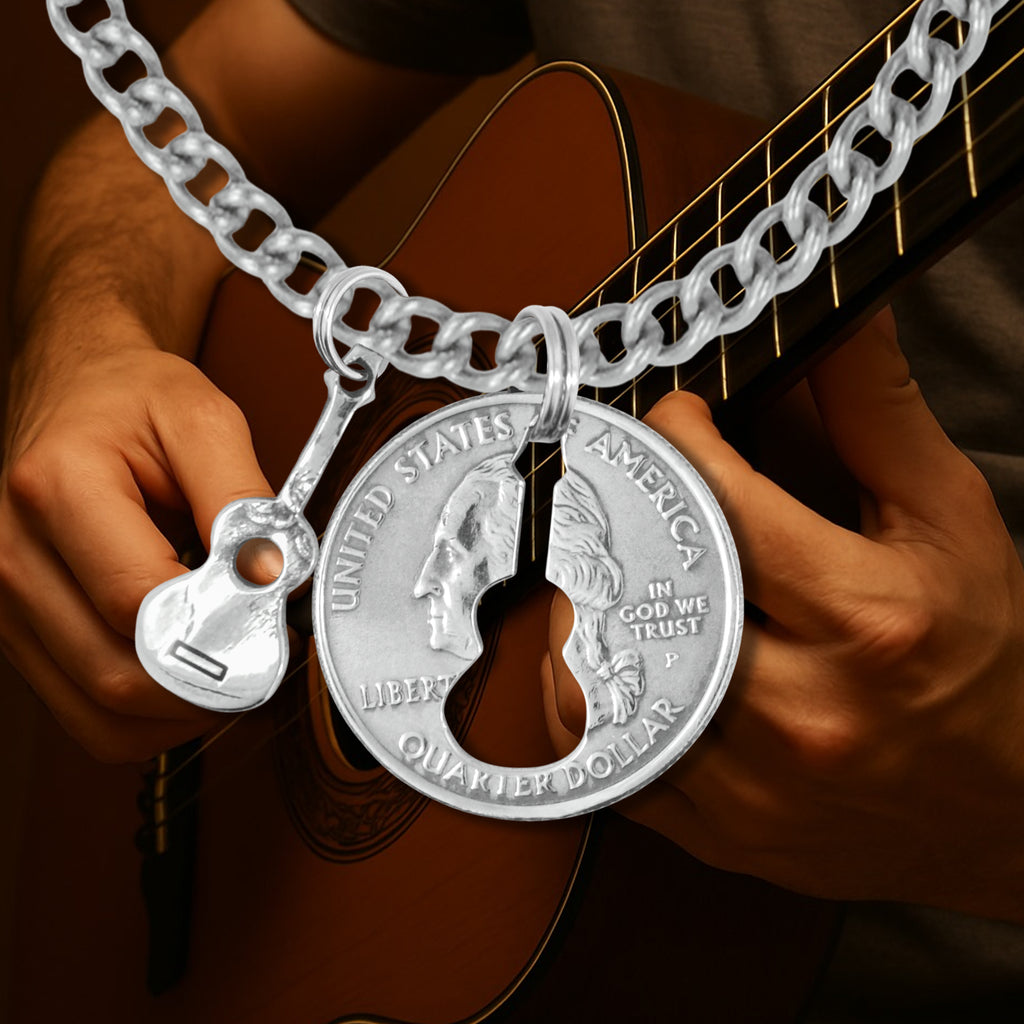 Coin Crafted  US Quarter Coin Cut-Out Guitar Pendant Mens Jewelry Stainless Chain