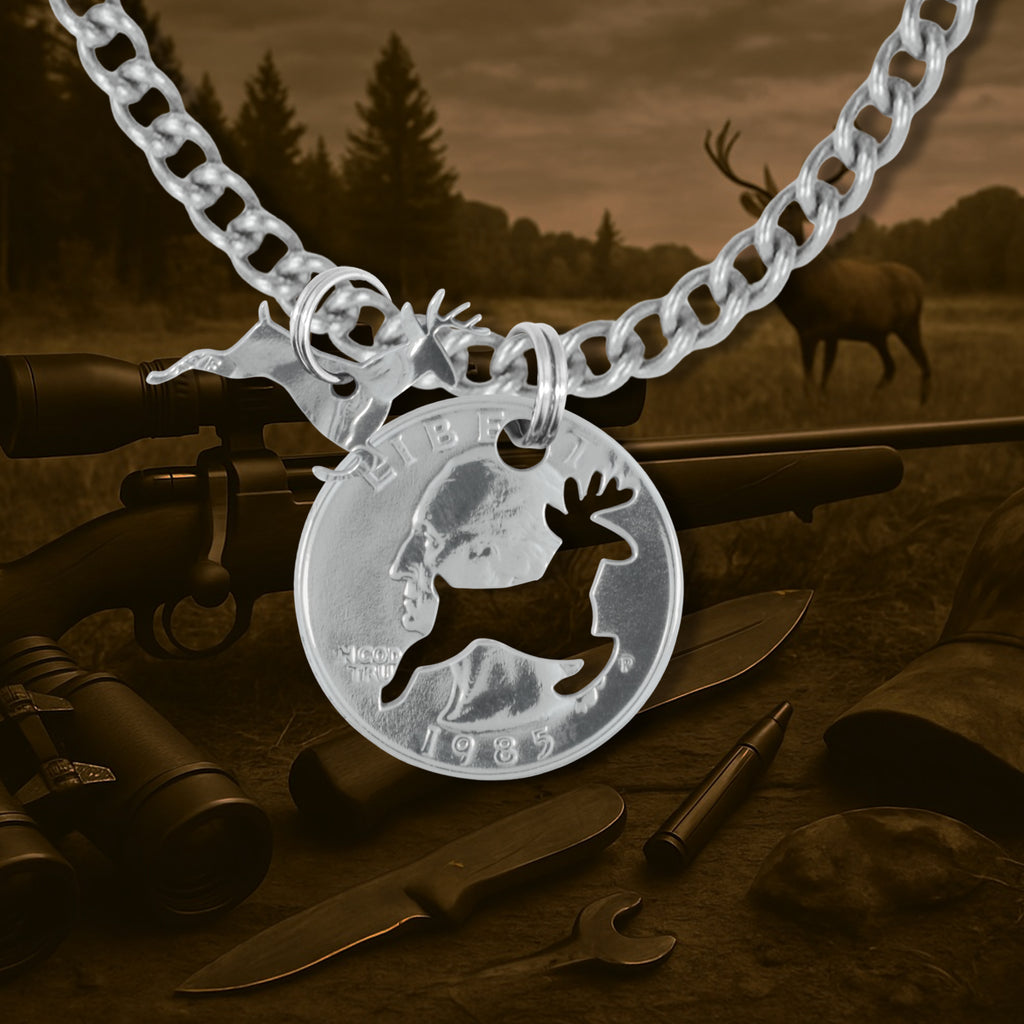 Coin Crafted  US Quarter Coin Cut-Out Outdoorsman Pendant Mens Jewelry Stainless Chain