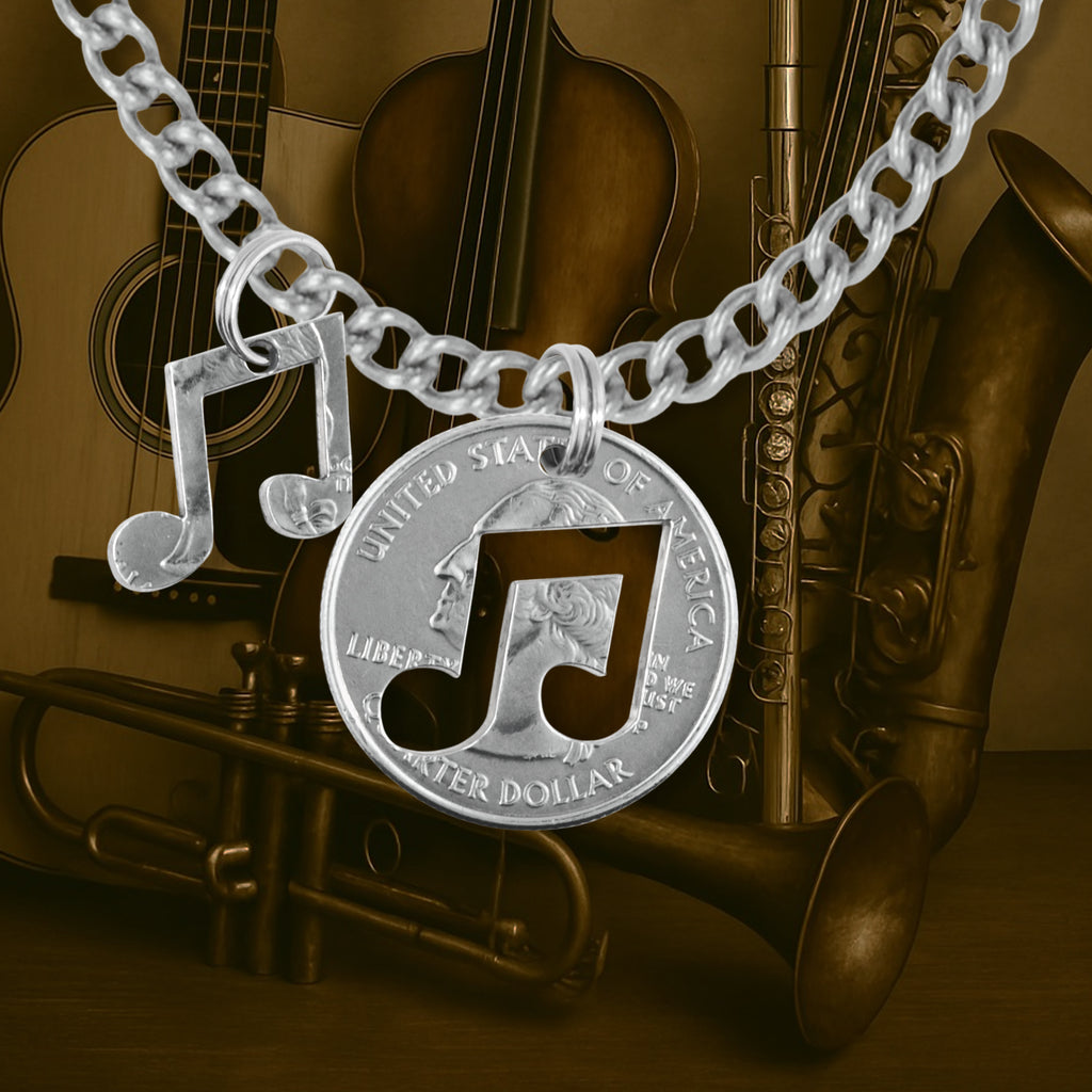 Coin Crafted  US Quarter Coin Cut-Out Musical Pendant Mens Jewelry Stainless Chain