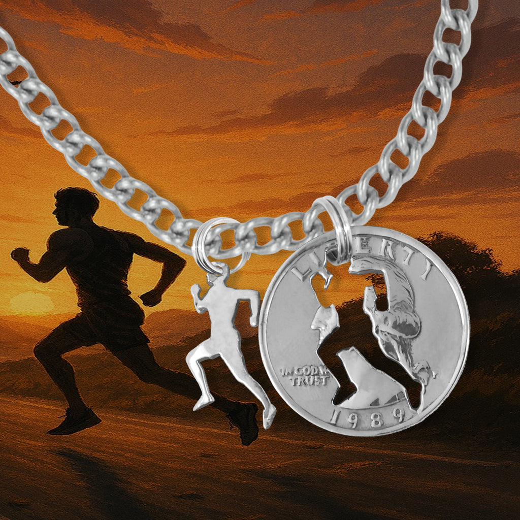 Coin Crafted  US Quarter Coin Cut-Out Runner Pendant Mens Jewelry Stainless Chain