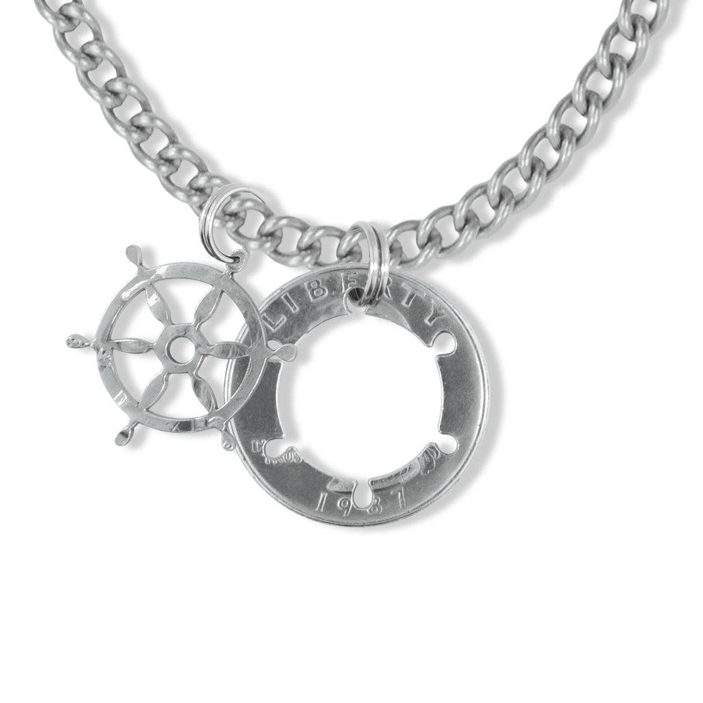Coin Crafted  US Quarter Coin Cut-Out Ship Wheel Pendant Mens Jewelry Stainless Chain