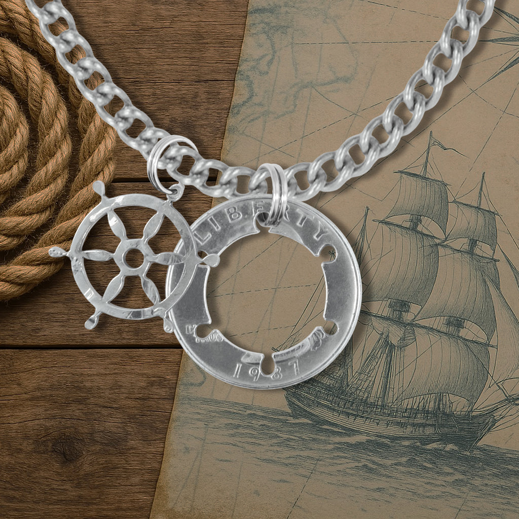 Coin Crafted  US Quarter Coin Cut-Out Ship Wheel Pendant Mens Jewelry Stainless Chain