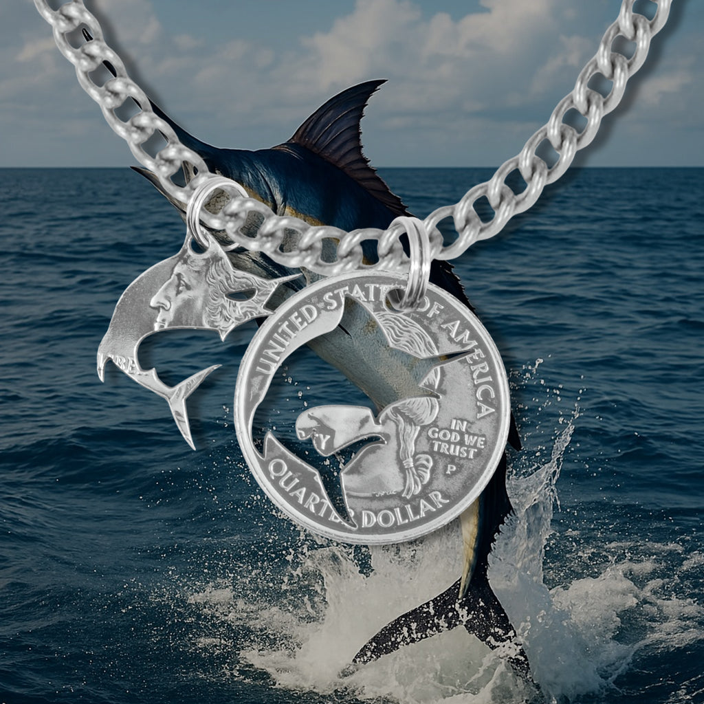 Coin Crafted  US Quarter Coin Cut-Out Angler  Pendant Mens Jewelry Stainless Chain