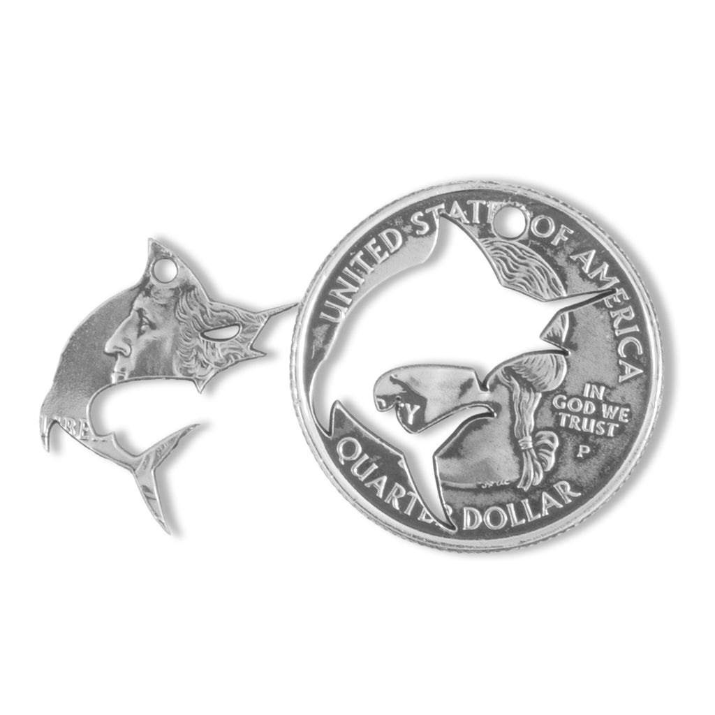 Coin Crafted  US Quarter Coin Cut-Out Angler  Pendant Mens Jewelry Stainless Chain