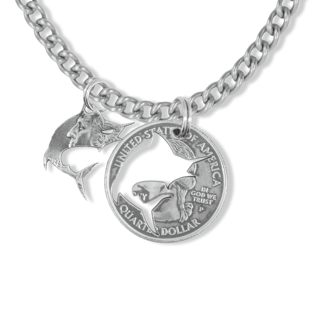 Coin Crafted  US Quarter Coin Cut-Out Angler  Pendant Mens Jewelry Stainless Chain