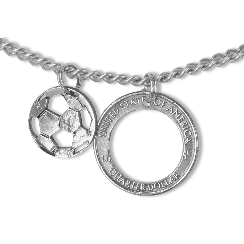 US Quarter Coin Cut-Out Soccer Pendant Mens Jewelry Stainless Chain