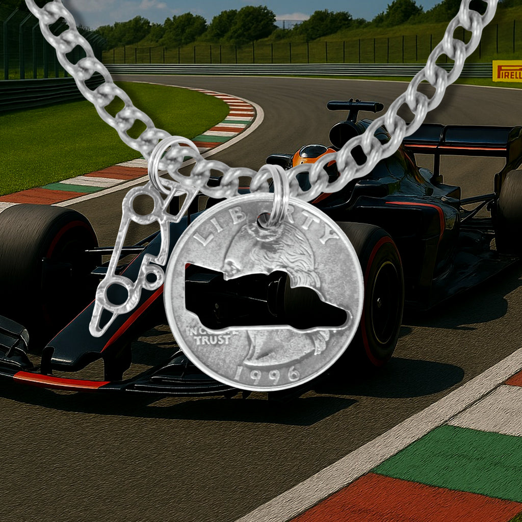 Coin Crafted  US Quarter Coin Cut-Out Racer Pendant Mens Jewelry Stainless Chain