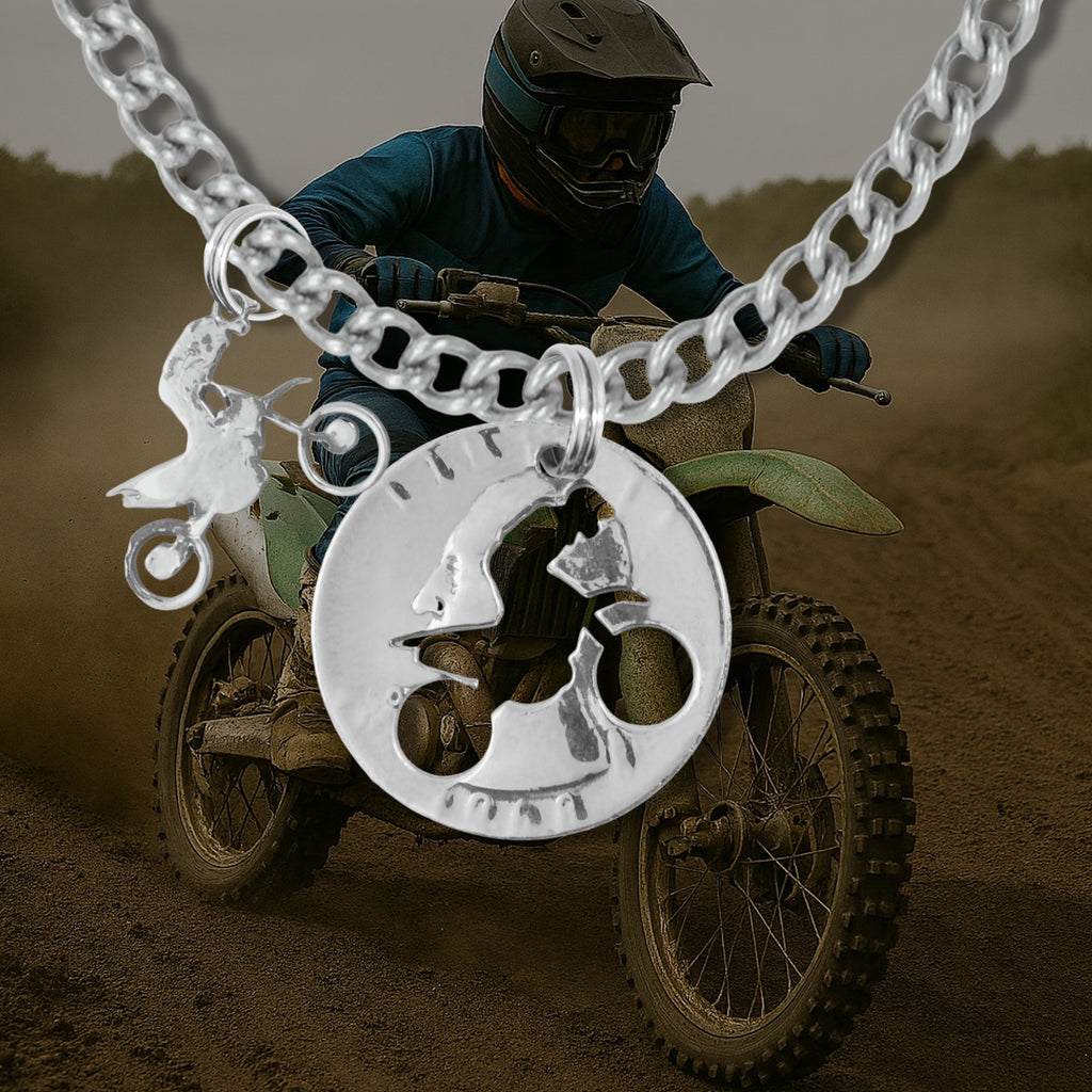 Coin Crafted  US Quarter Coin Cut-Out Off Road Motorcycle Pendant Mens Jewelry Stainless Chain