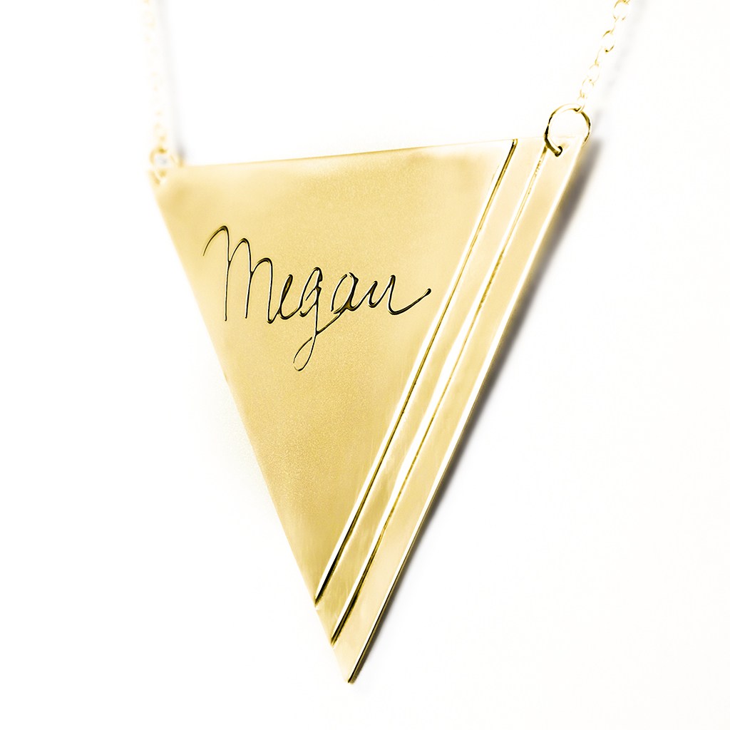 14K gold plated sterling silver inverse pyramid name necklace angle 2