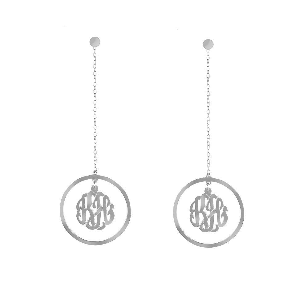 silver monogram drop earring with long chain-pair