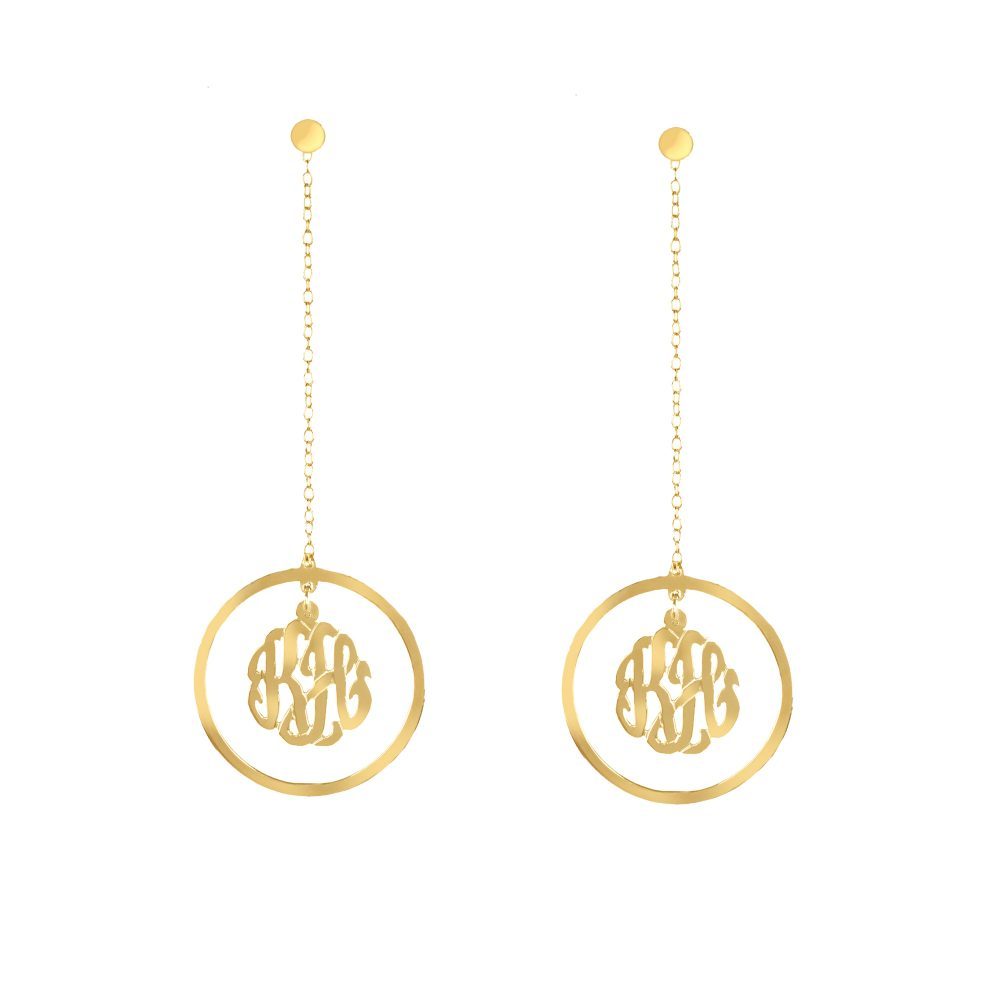 14K gold-plated silver monogram drop earring with long chain