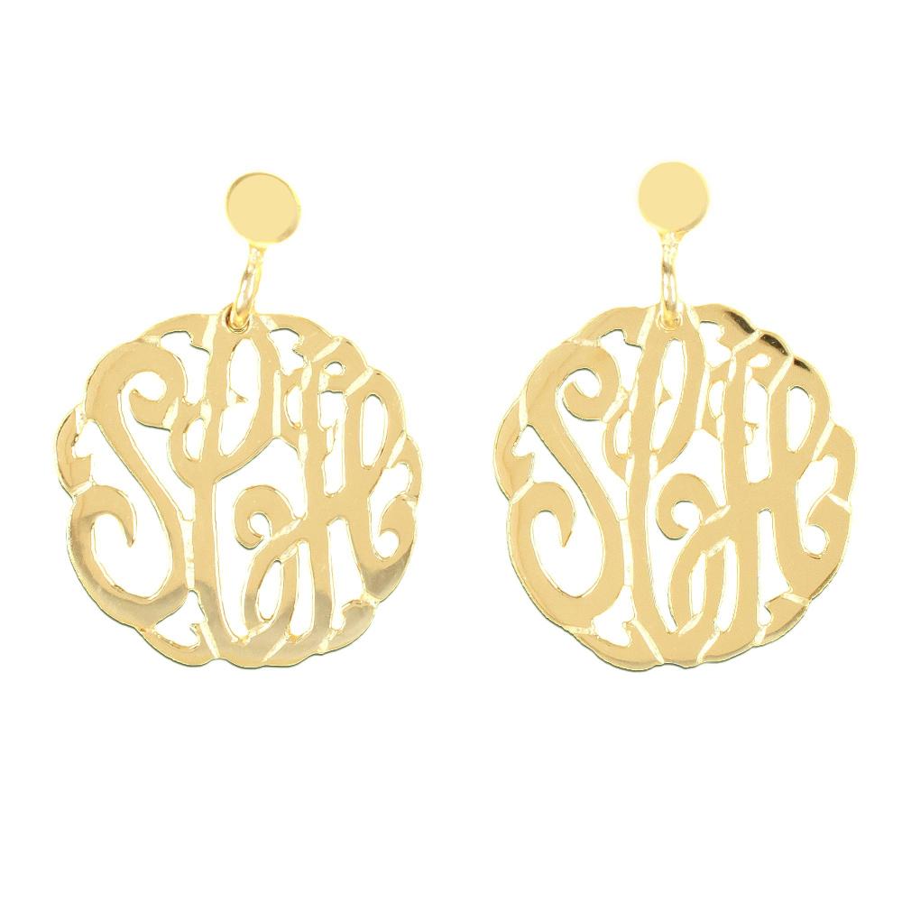 14K gold plated sterling silver-round-crafted-monogram-earrings