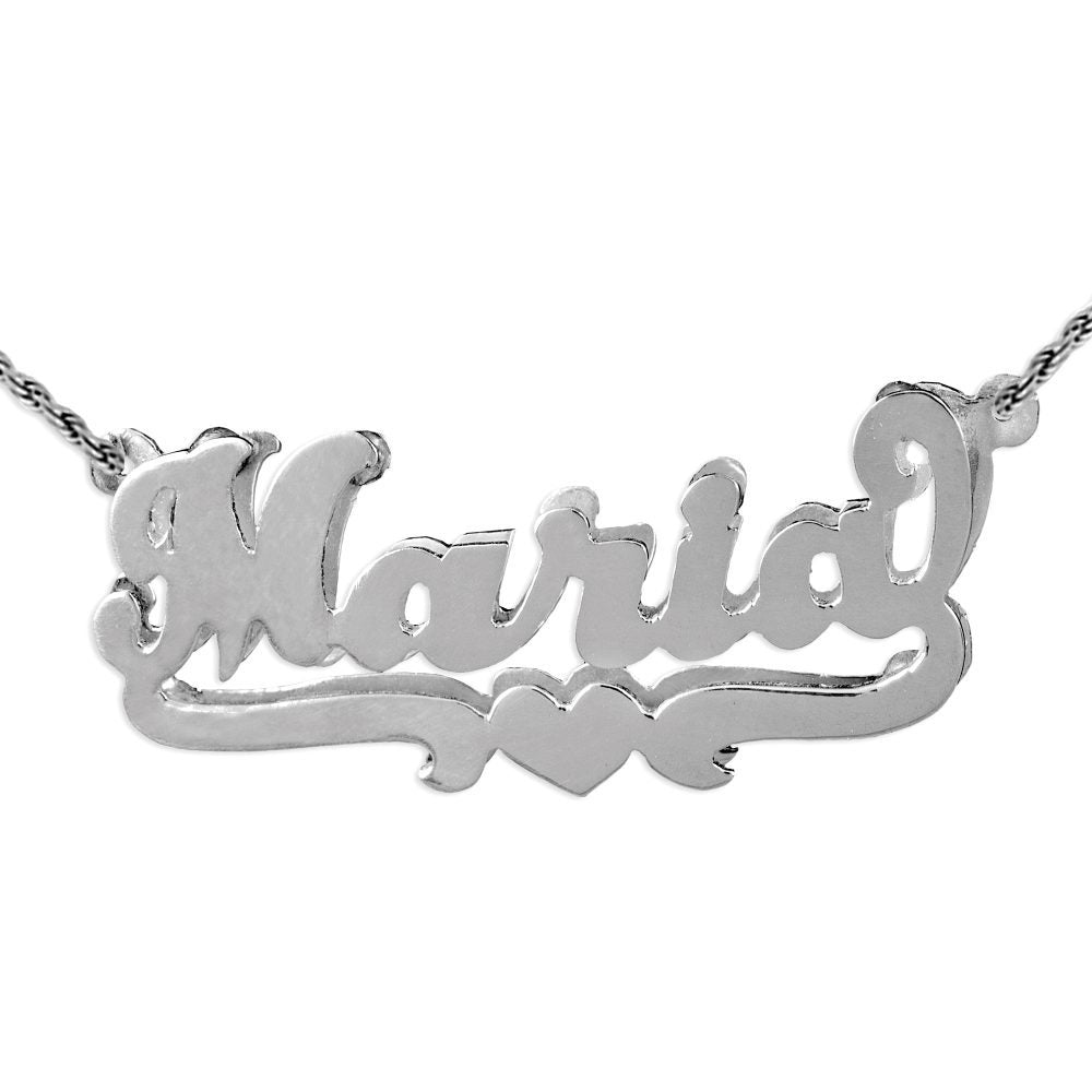 double layered silver name necklace with a heart