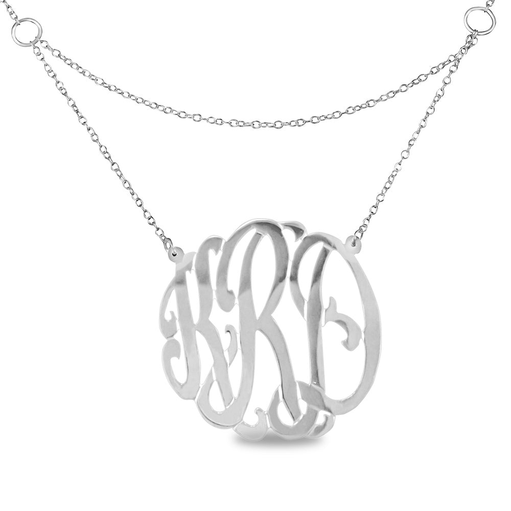silver round monogram necklace with double chain