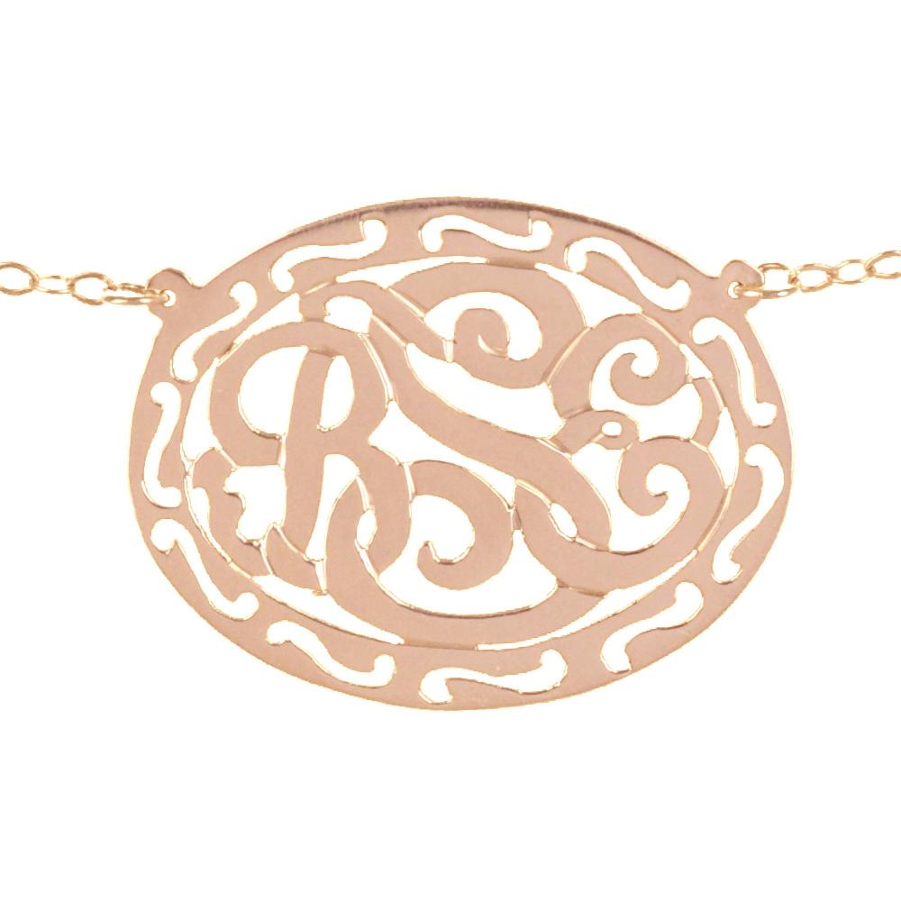 14K rose_gold plated sterling silver-filigree-framed-monogram necklace