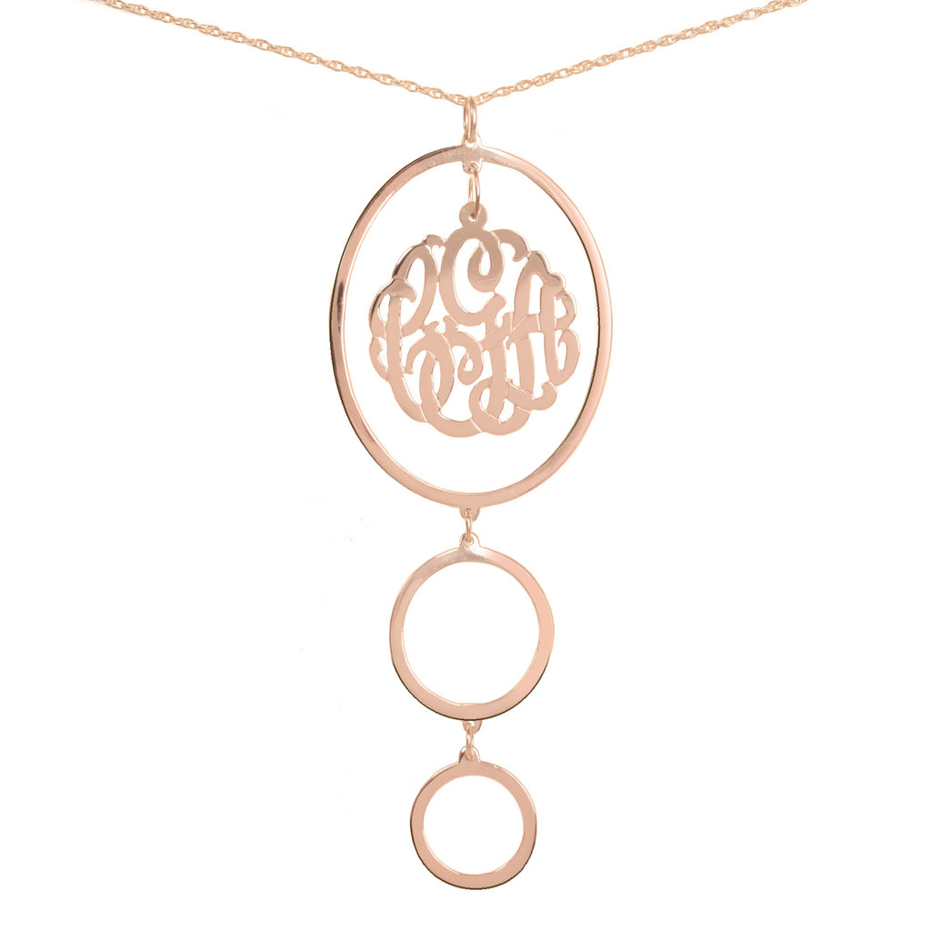 14K rose gold-plated silver circular drop pendant necklace with monogram inside top oval pendant