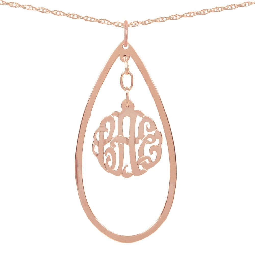 14K rose-gold-plated silver necklace with monogram hanging inside a hollow teardrop pendant