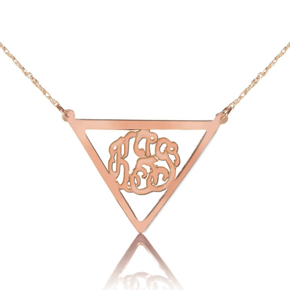 14K rose gold plated sterling silver monogram necklace inside thick inverse triangle frame pendant