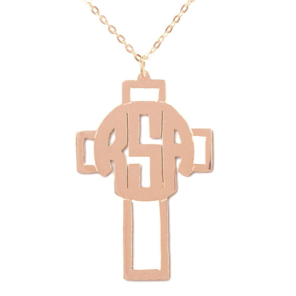 14K rose gold plated sterling silver circle monogram cross necklace