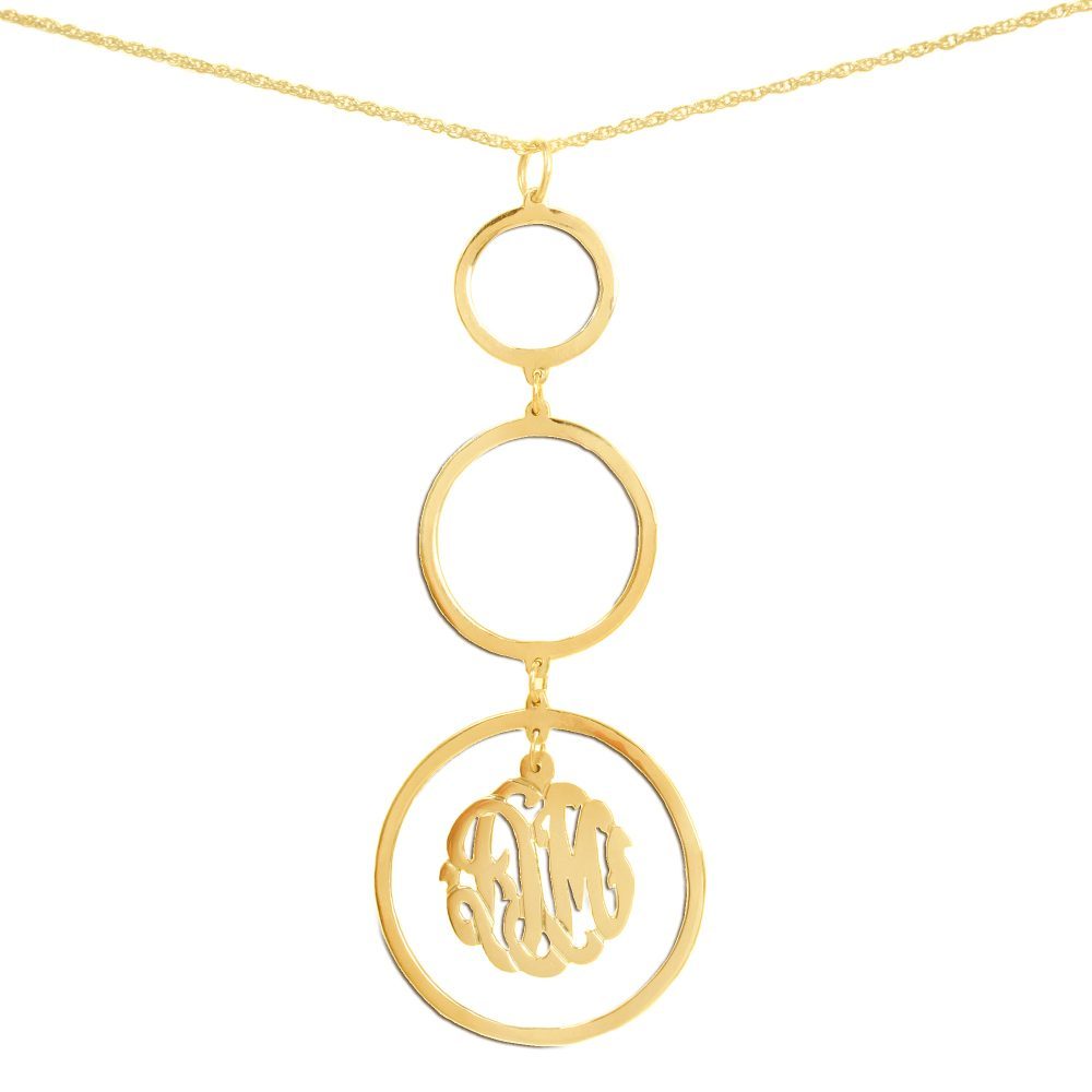 14K gold-plated silver necklace with three hanging circle pendants with a monogram inside bottom pendant