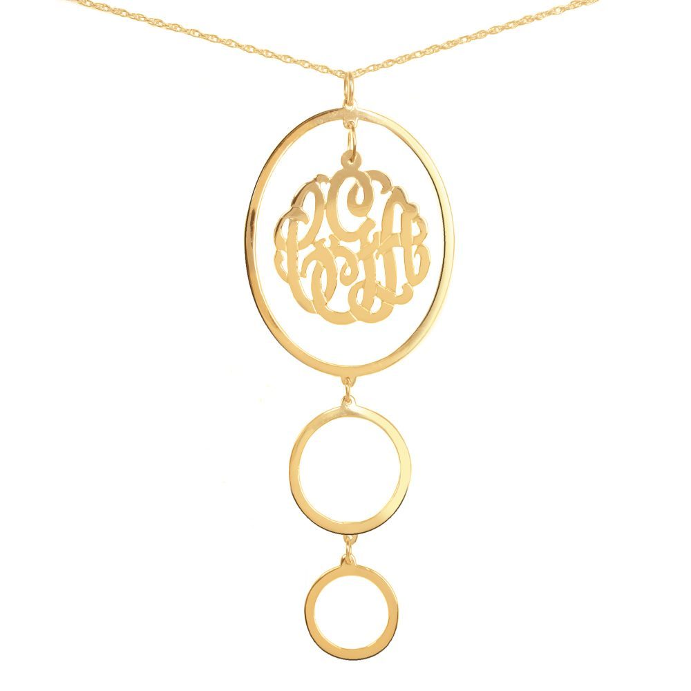 14K gold-plated silver circular drop pendant necklace with monogram inside top oval pendant