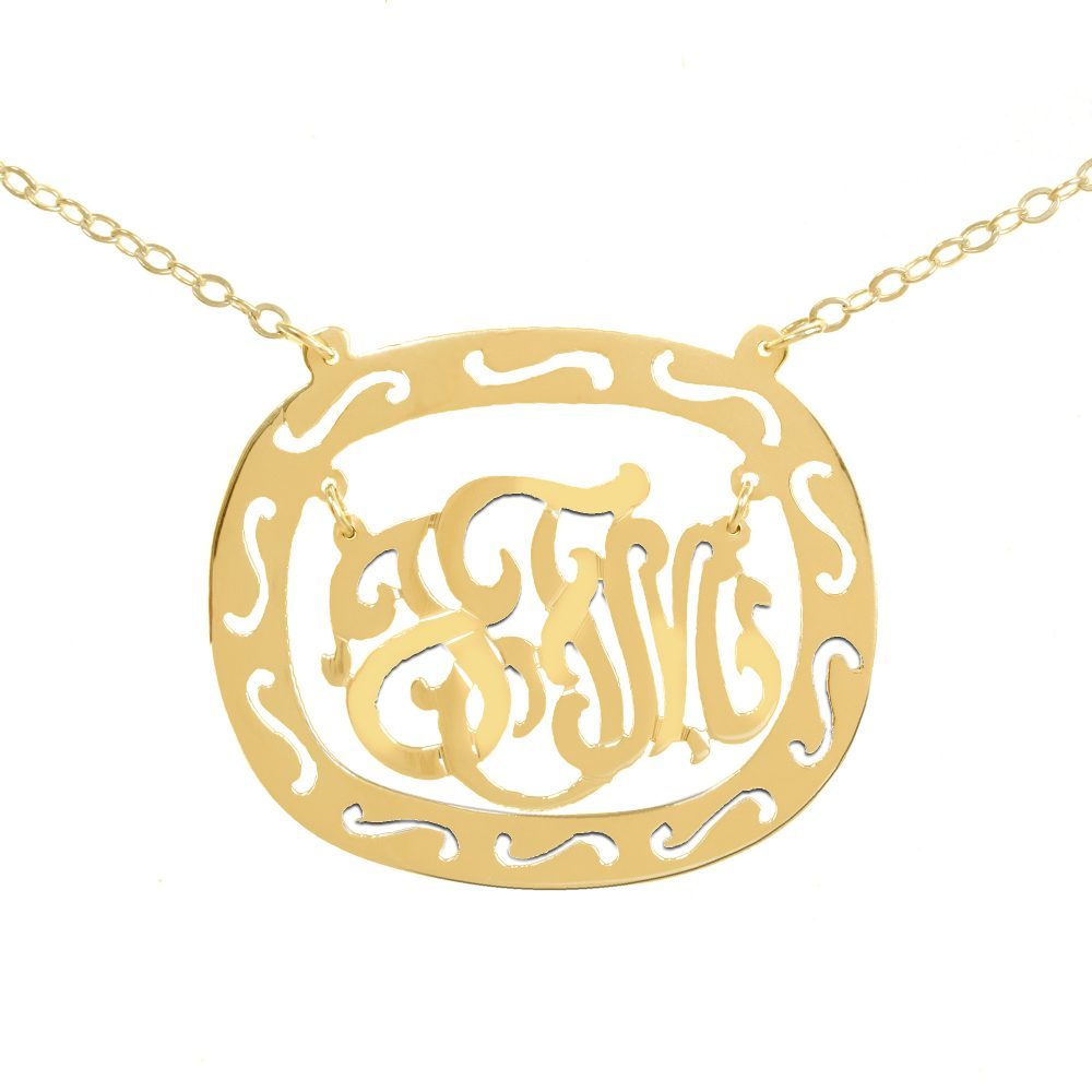 14K gold-plated silver oval monogram necklace inside thick patterned circular frame