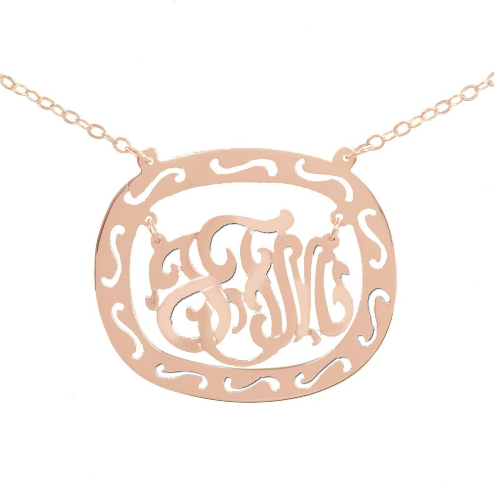 14K rose gold-plated silver oval monogram necklace inside thick patterned circular frame