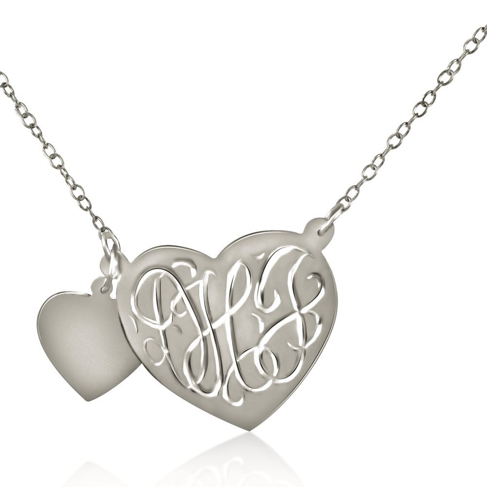 14K gold-plated silver monogram engraved heart necklace with attached heart charm