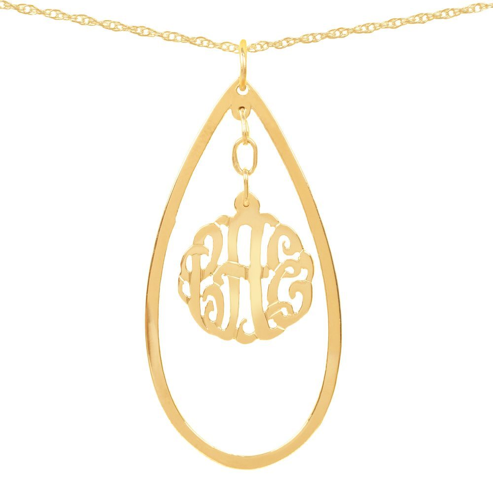 14K gold-plated silver necklace with monogram hanging inside a hollow teardrop pendant