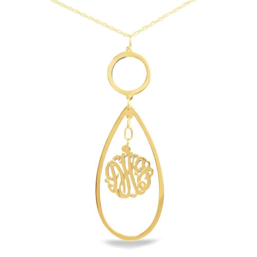 14K gold-plated silver necklace with hanging monogram inside a teardrop pendant below a small circular pendant
