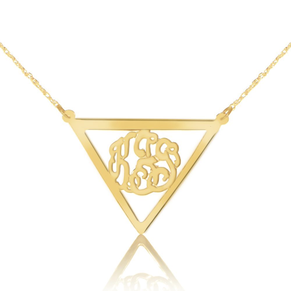 14K gold plated sterling silver monogram necklace inside thick inverse triangle frame pendant
