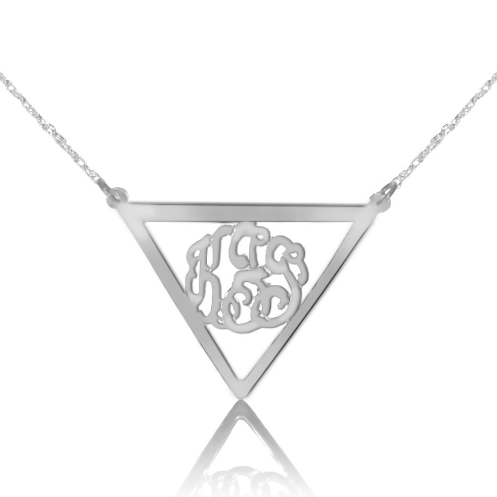 Sterling silver monogram necklace inside thick inverse triangle frame pendant